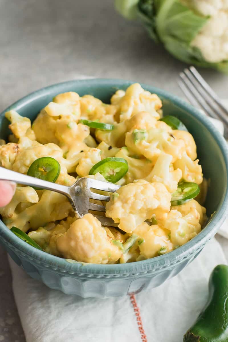 Keto Cauliflower Mac and Cheese in a blue bowl.