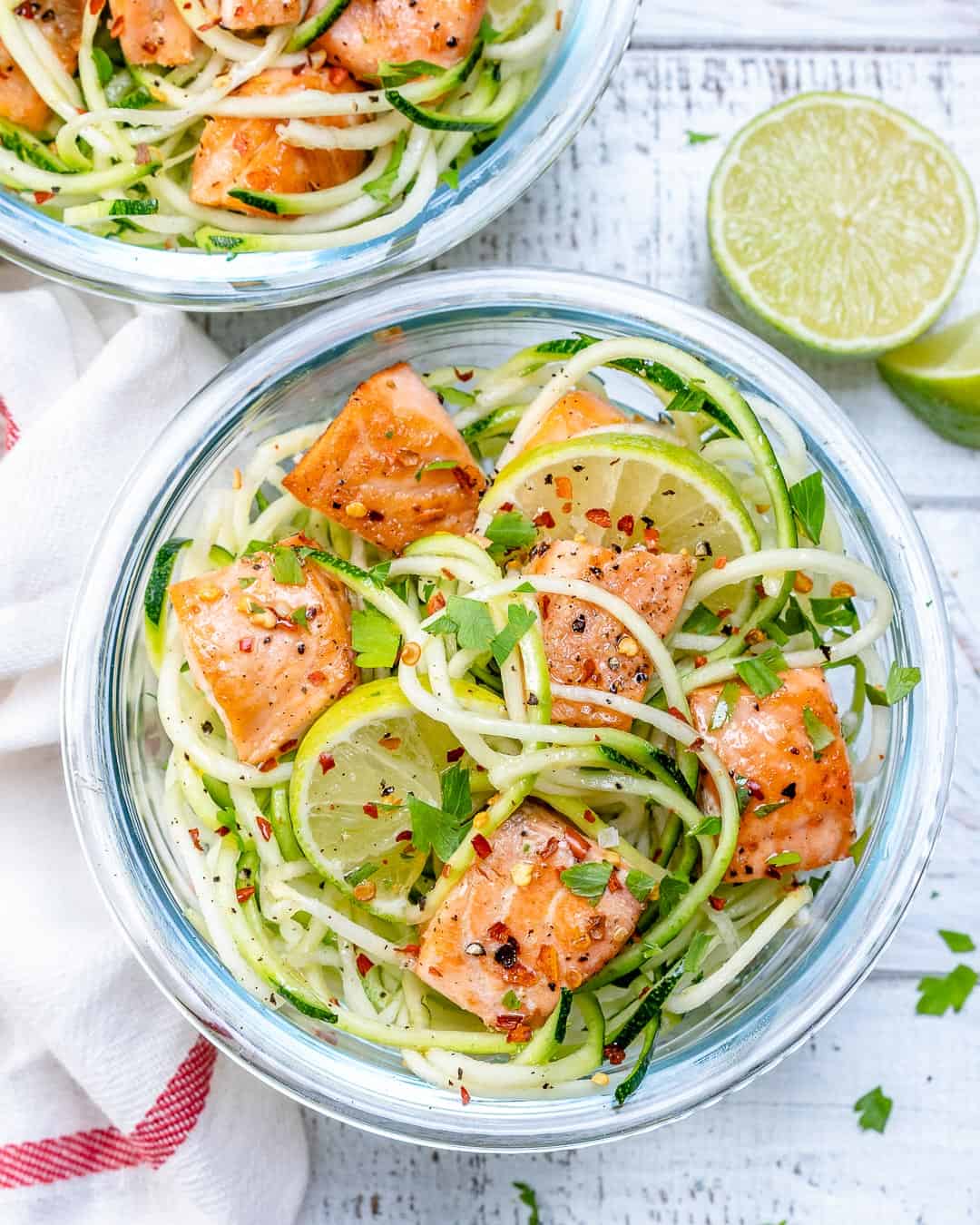 overhead shot of easy salmon recipe with zoodles. 