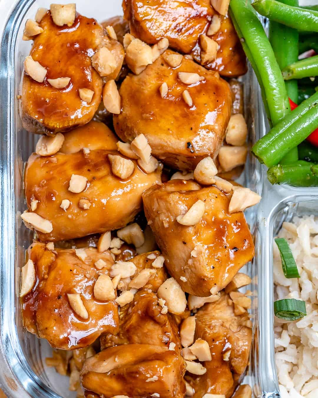 top down shot of Sweet and Spicy Chicken with crumbled peanuts.
