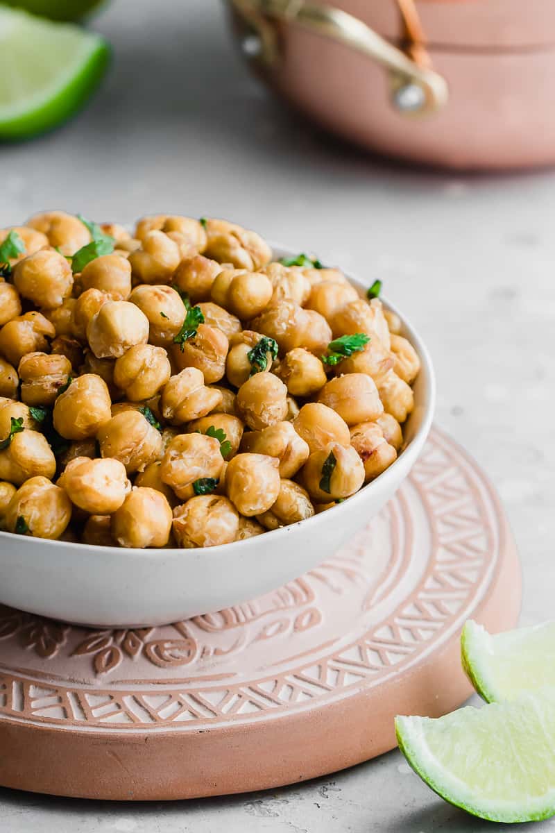 side shot of crispy chickpeas in a bowl