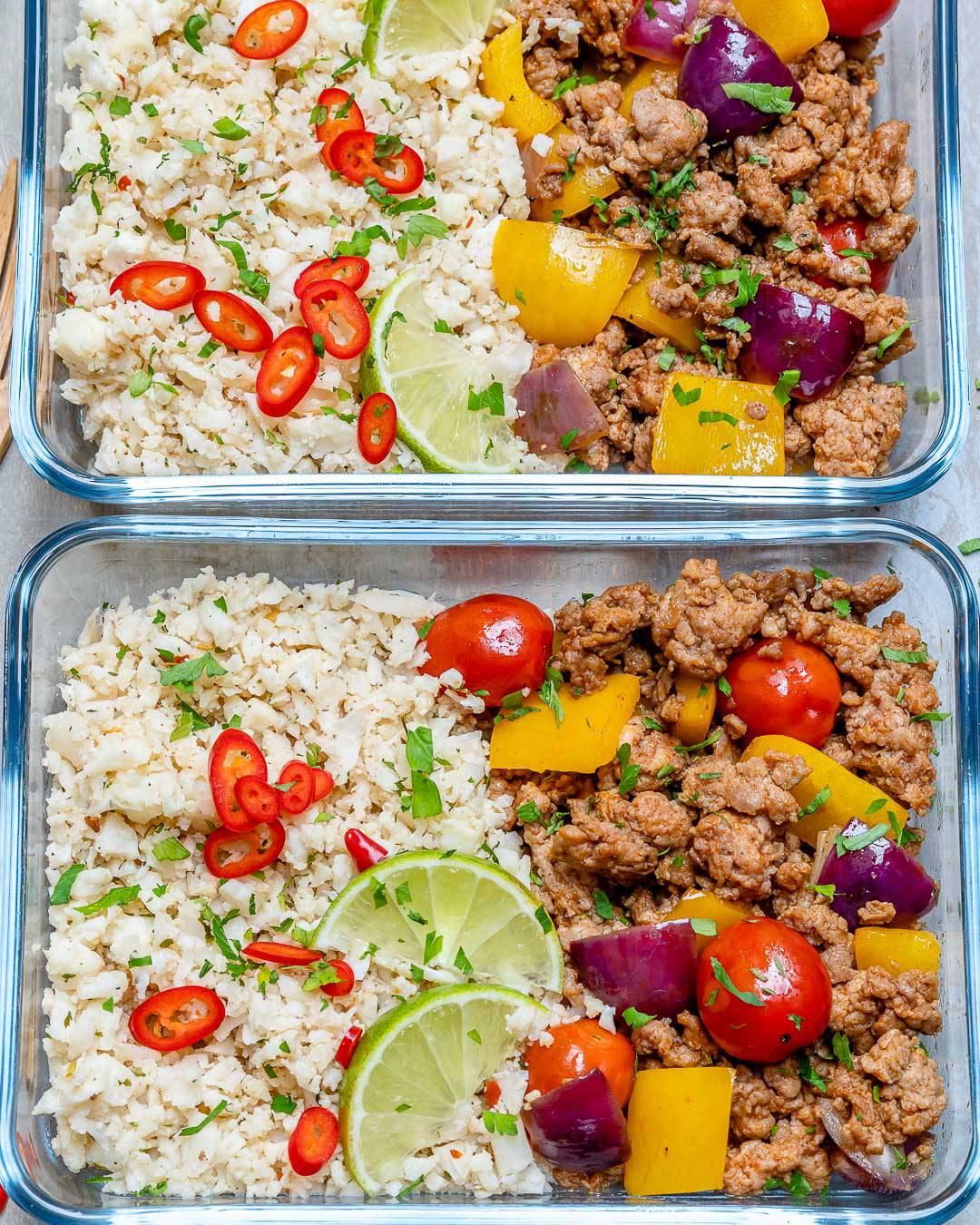 cauliflower recipe and ground turkey with vegetables in glass containers 