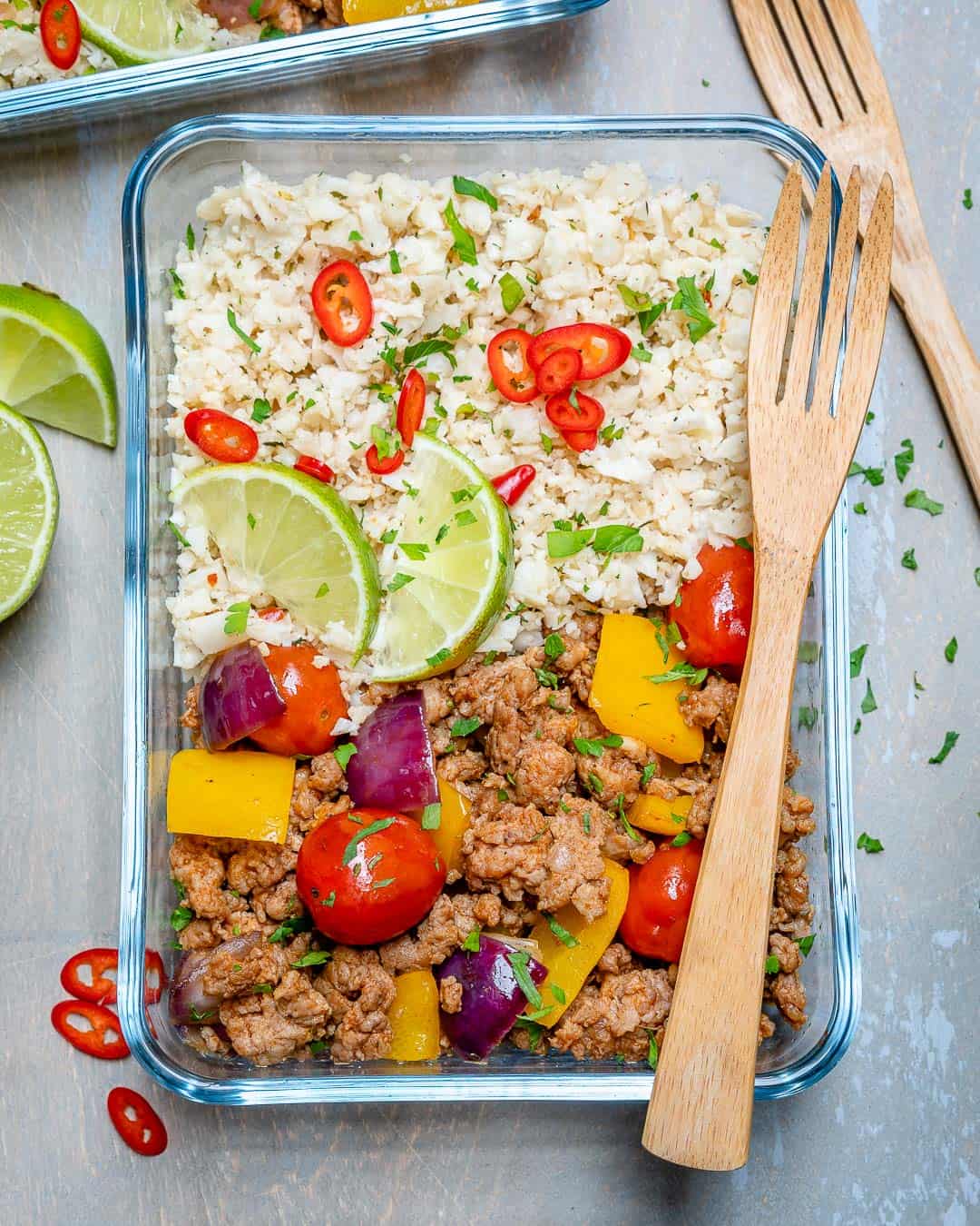 ground turkey recipe in glass container with cauliflower rice 