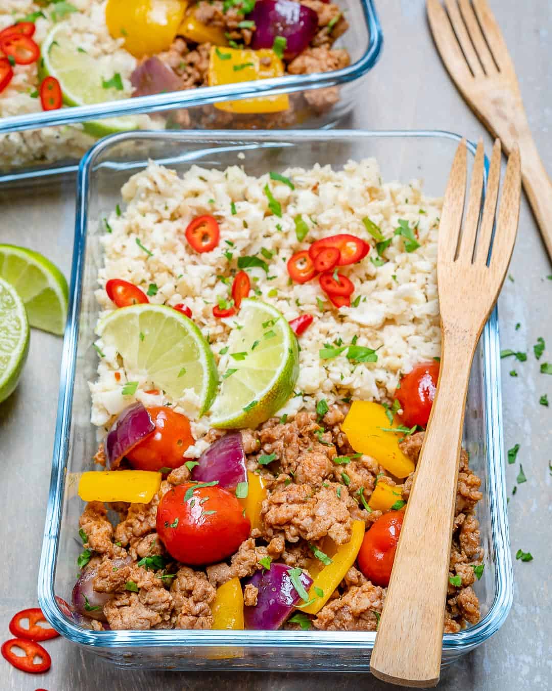 ground turkey and cauliflower rice recipe with veggies in glass container