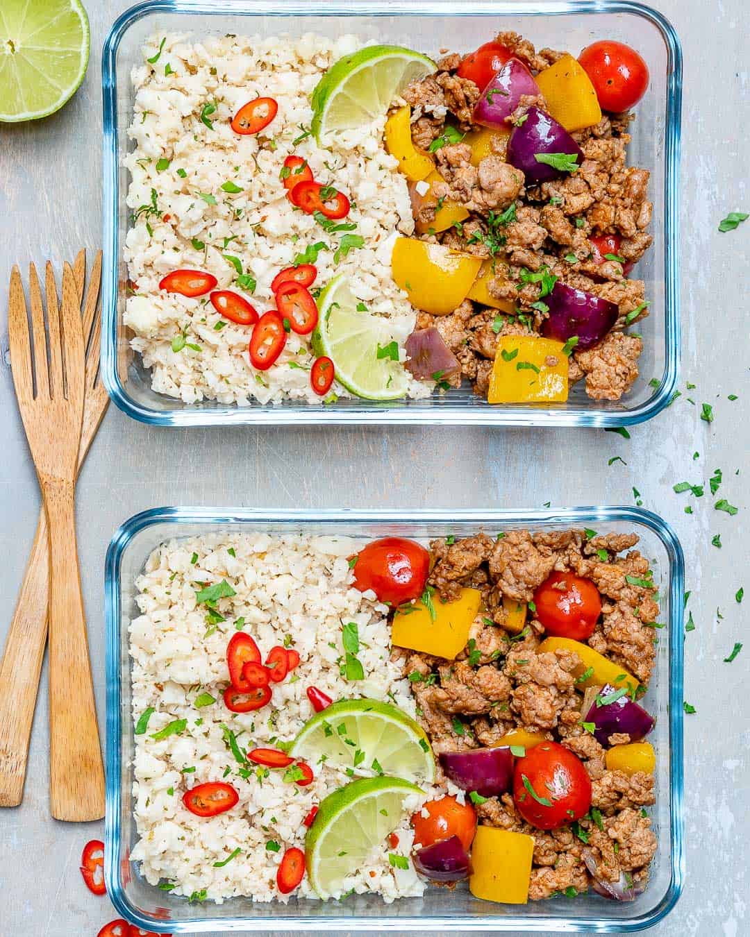 ground turkey and cauliflower rice in glass containers for meal prep 