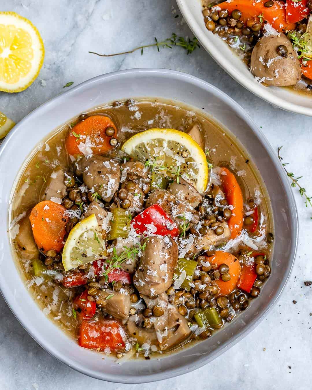 top view of a bowl with lentil and mushroom soup