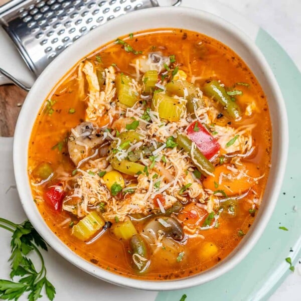 chicken and veggie soup recipe in a bowl