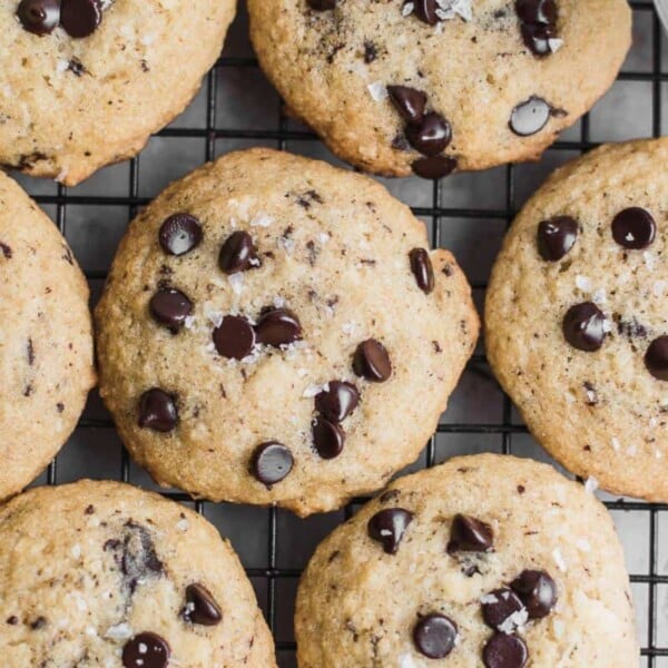 close up top view of chocolate chip cookies