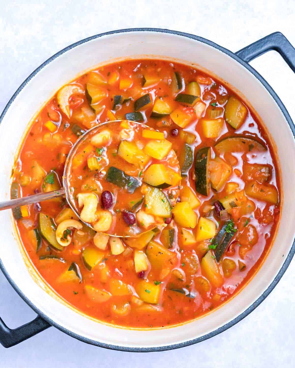 Minestrone soup in a pot.