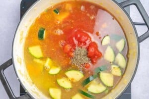broth and tomato sauce added to the pot with the sauteed veggies.