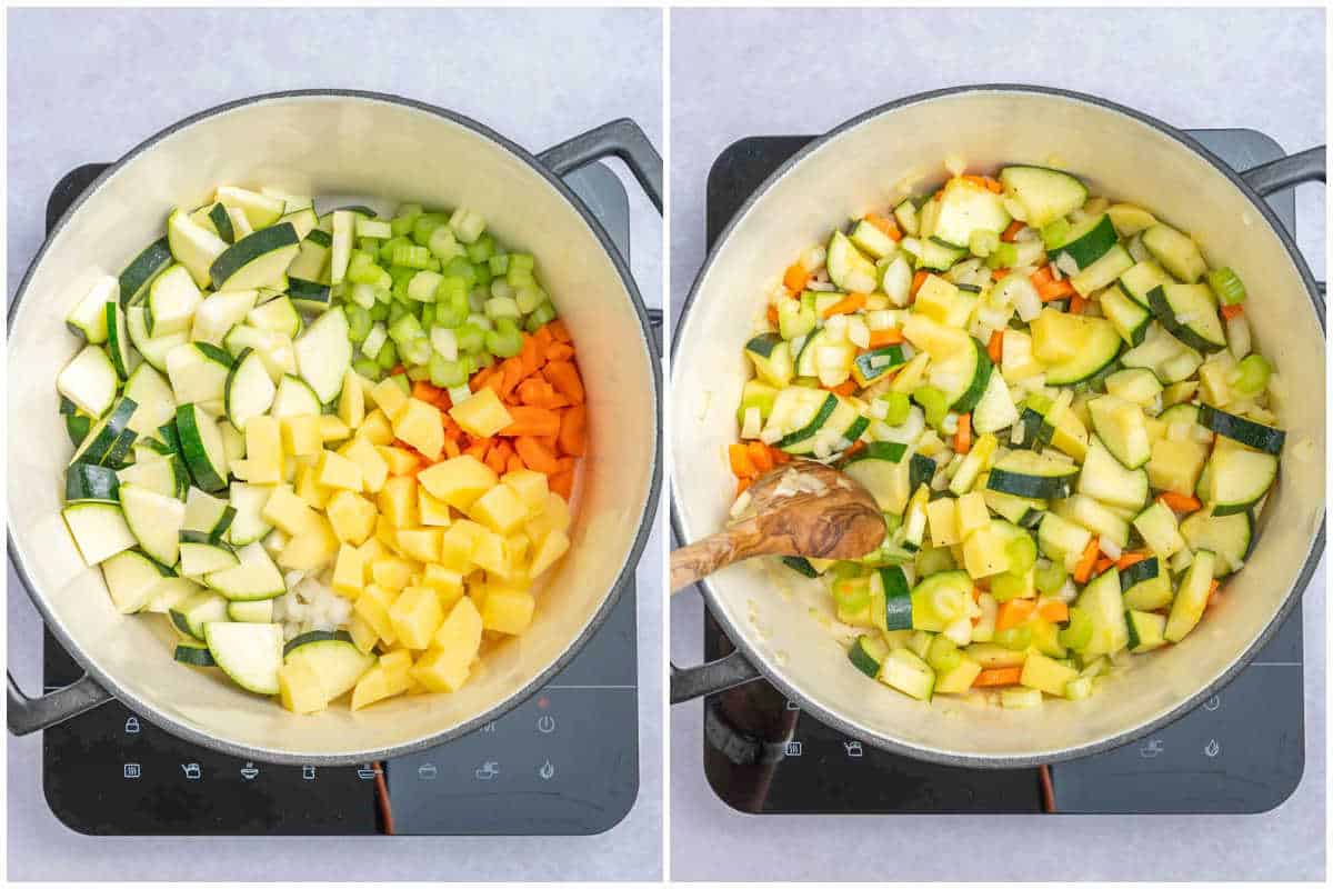 process shot to saute veggies in a pot for soup.