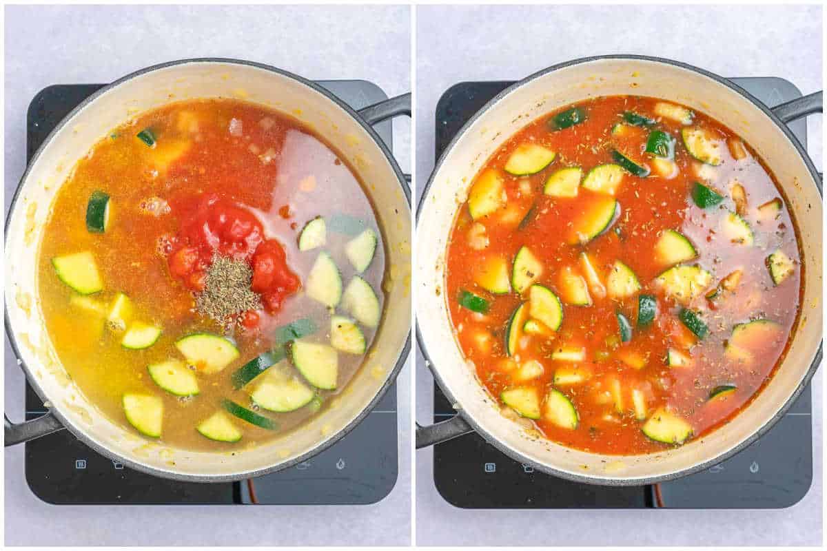 process shot to add the broth and tomato sauce in a pot.