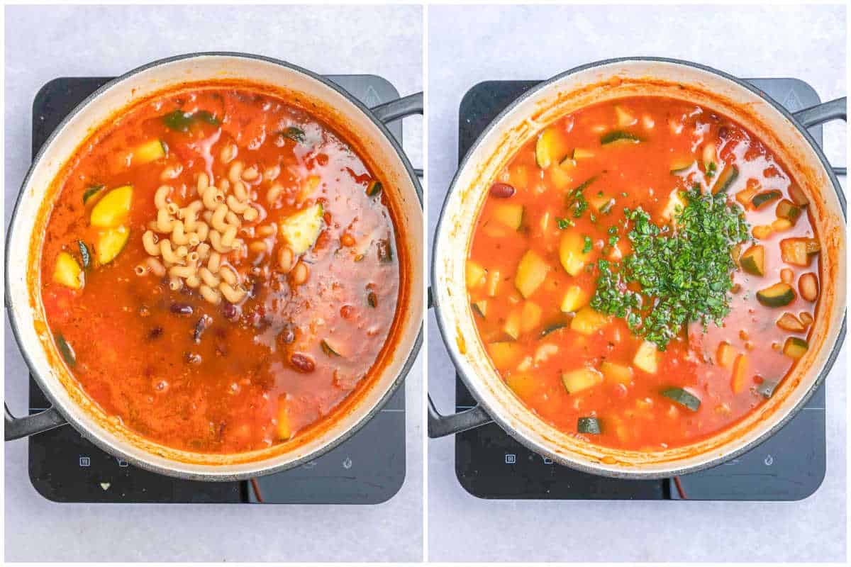 process shot to add beans and pasta in a soup pot.