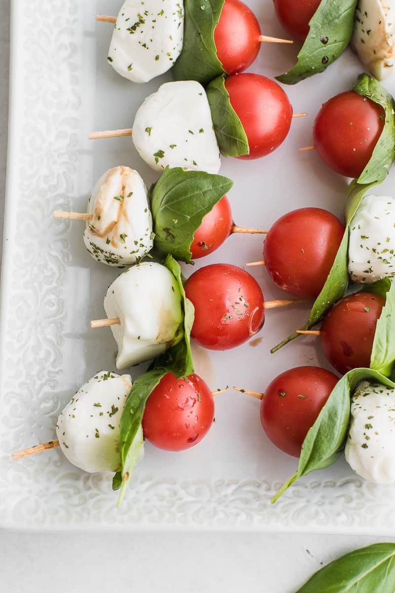 tomato, basil and cheese balls on a skewer