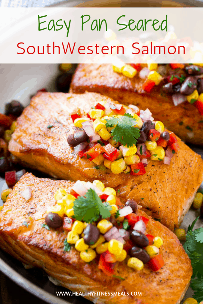 Pinterest graphic of pan-seared salmon filets with salsa over it 