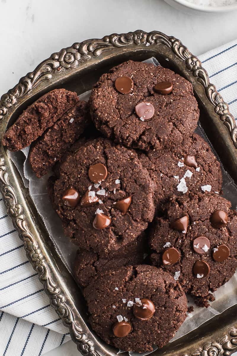 top view chocolate cookies on a metal platter 