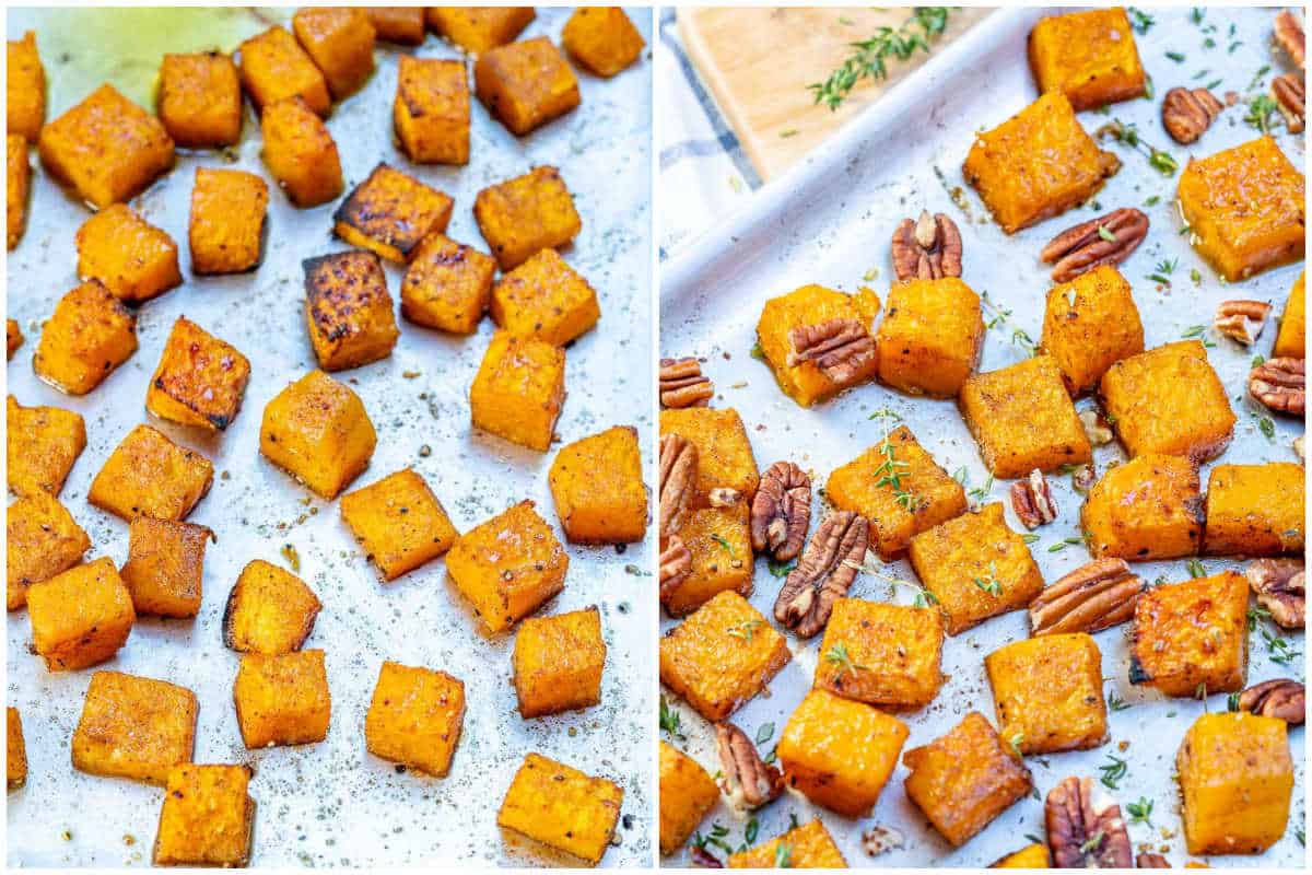 process shot to roast butternut squash and add pecans to pan.