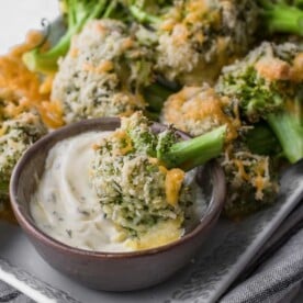 side shot of baked broccoli floret in a white dipping sauce