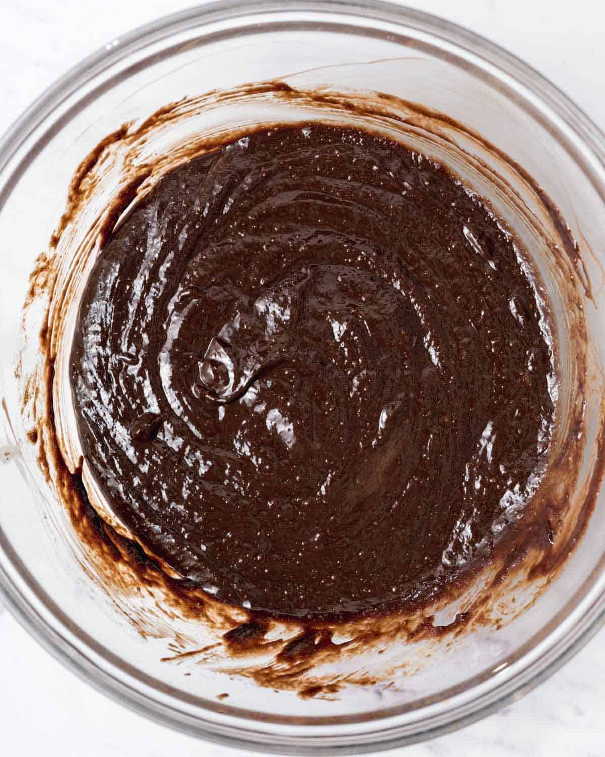 thick chocolate and egg mixture in a bowl.