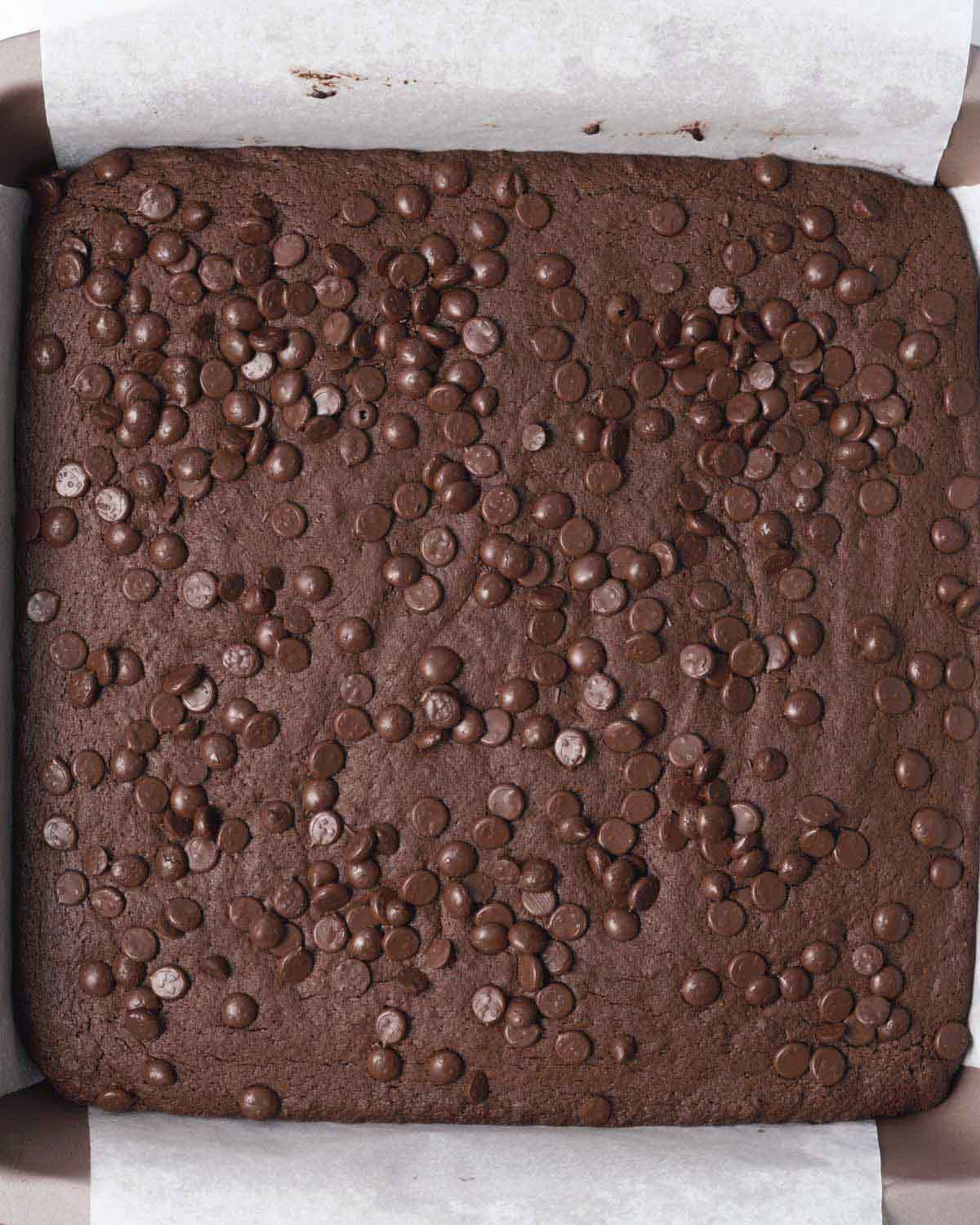 Baked brownies in a pan before cutting.