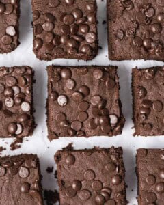 brownie squares laid on a flat surface.