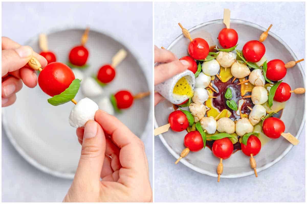 process shot of assembling the caprese skewer and then adding the oil and balsamic.