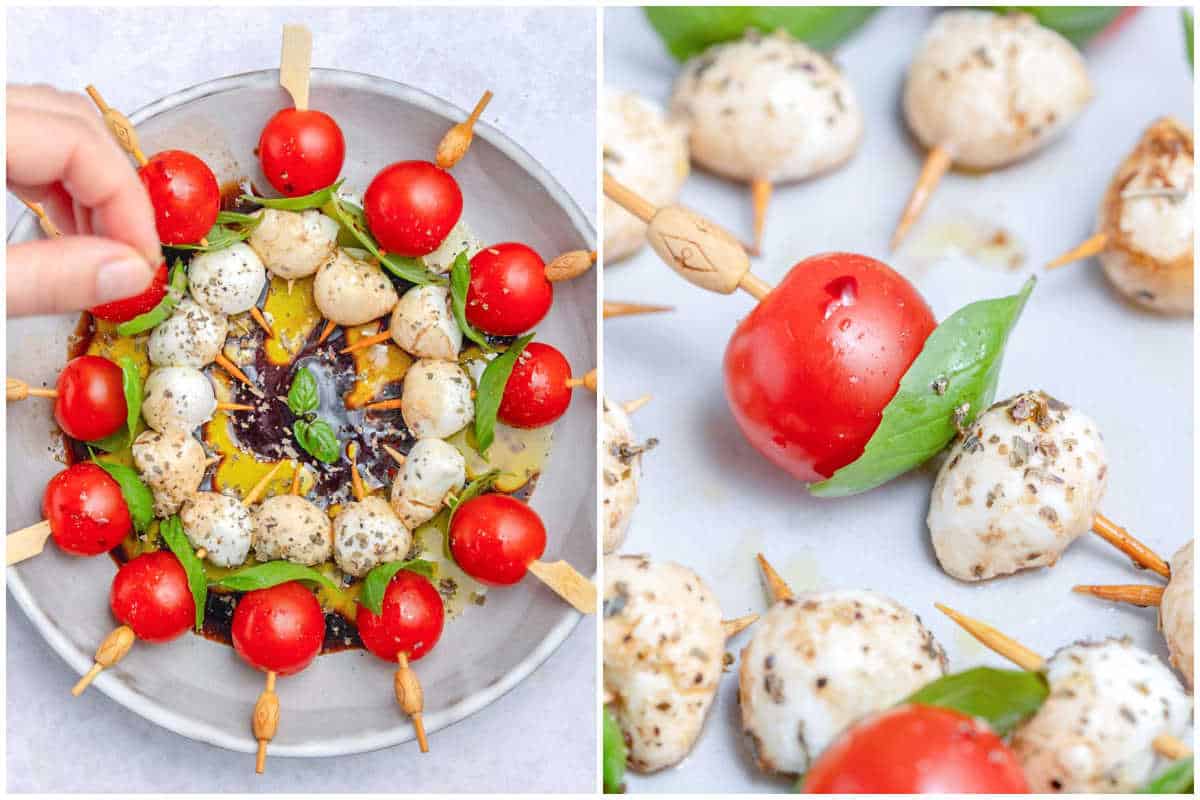 process shot to season the caprese skewers and then serving.