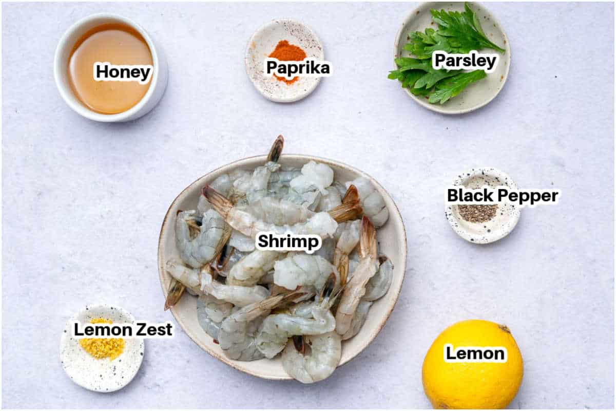 ingredients to make grilled honey lemon shrimp.