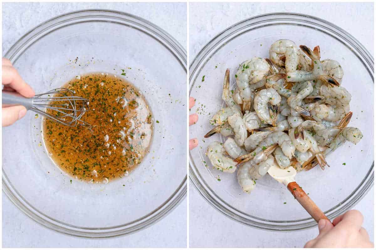 process shot to make the marinade and marinating the shrimp.