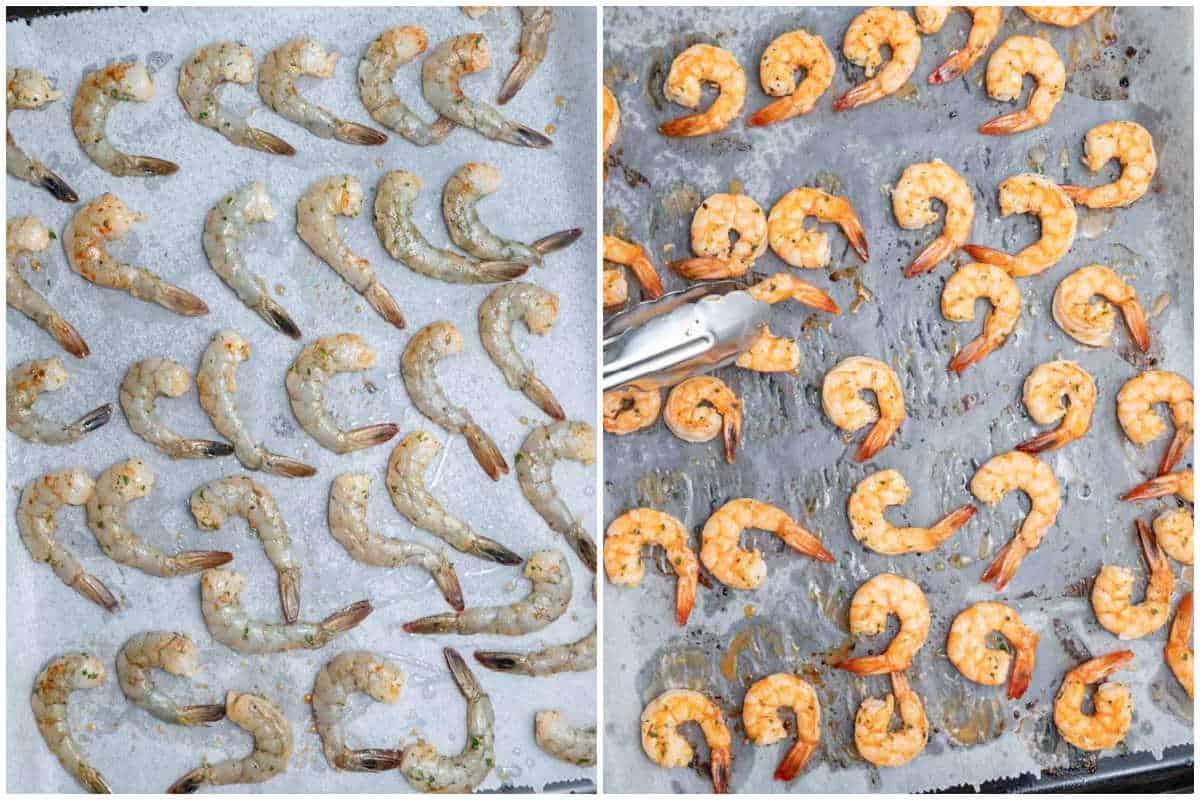 laying out shrimp on a pan and them broiling it on a sheetpan.