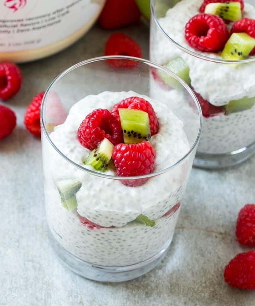 coconut chia pudding recipe with raspberries and kiwi