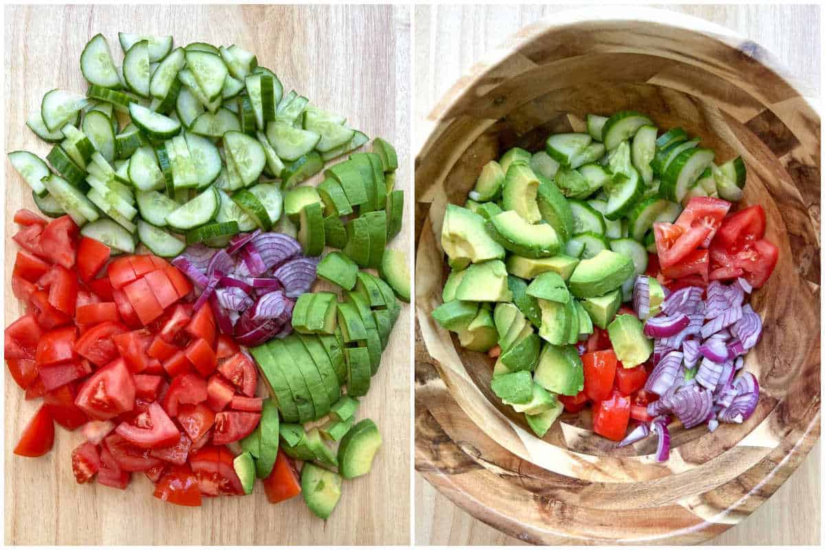 process shot of chopping salad ingredients and adding to a bowl.