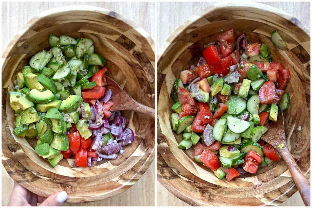 Process shot of mixing the salad in a bowl.