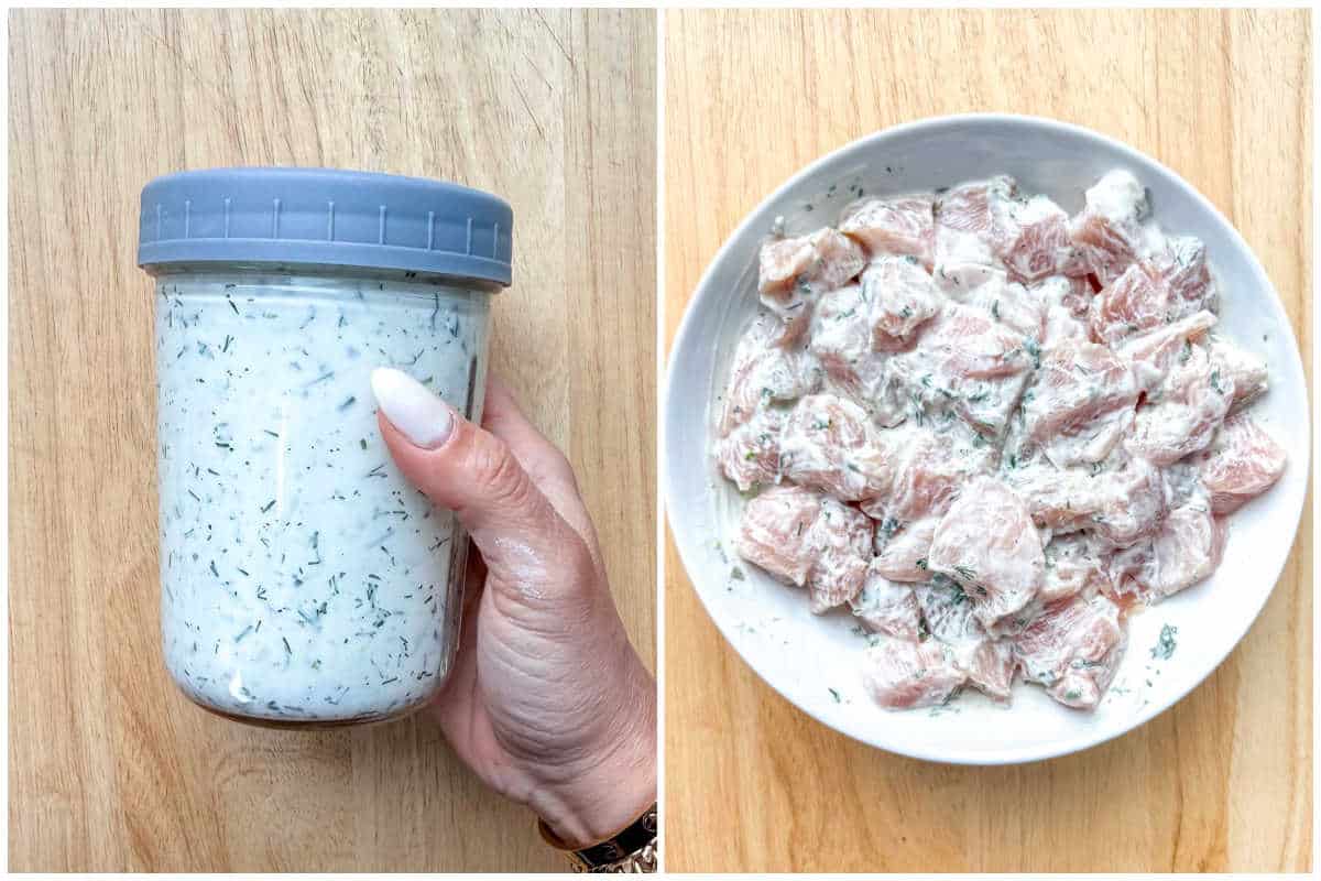 process shot to make the dressing marinating the chicken bites.