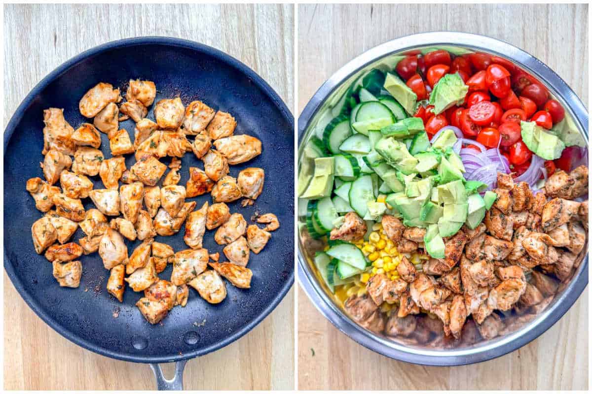 process shot of cooking the chicken and assembling the salad.