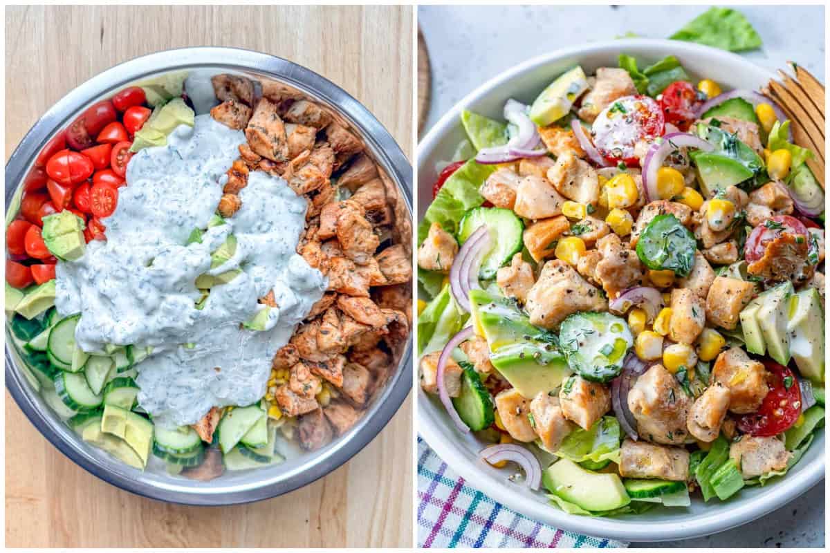 process shot of tossing the salad with the homemade dressing in a bowl.