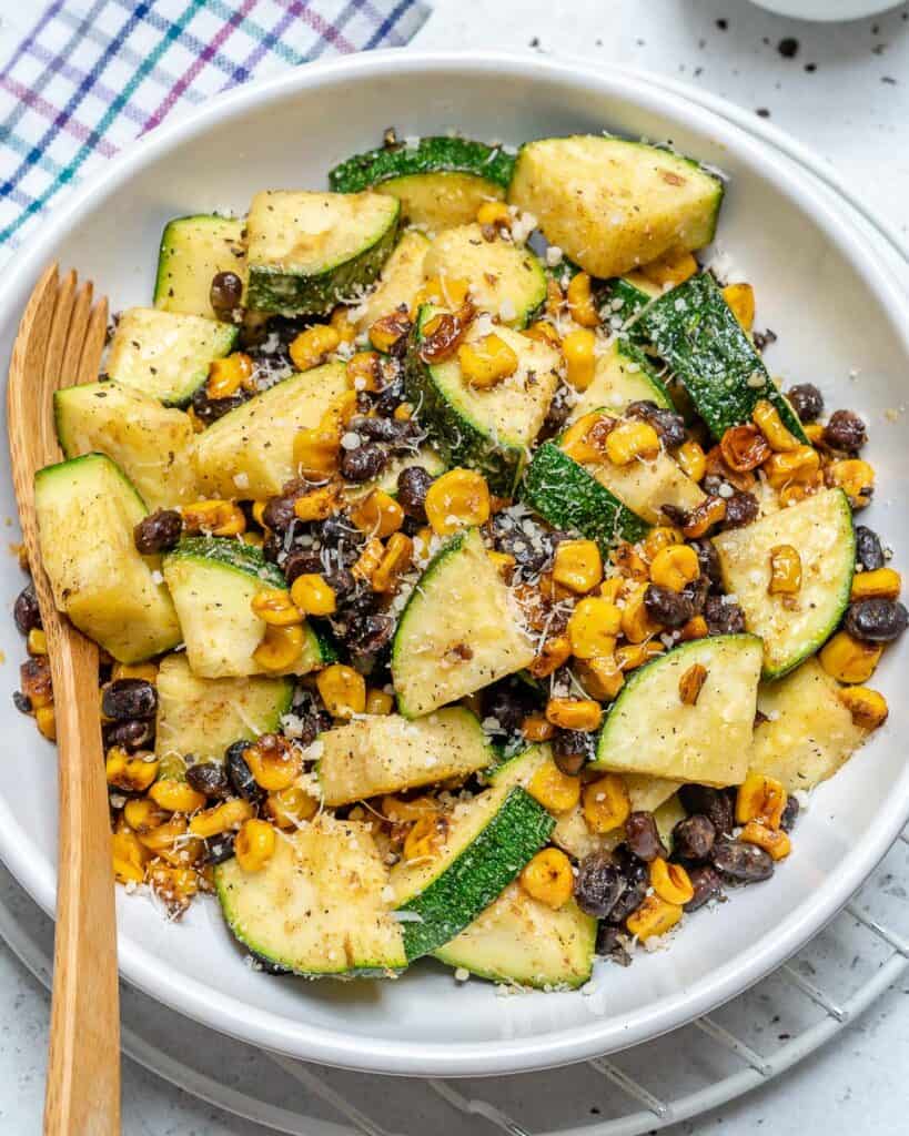 top view of zucchini recipe with corn and black beans 
