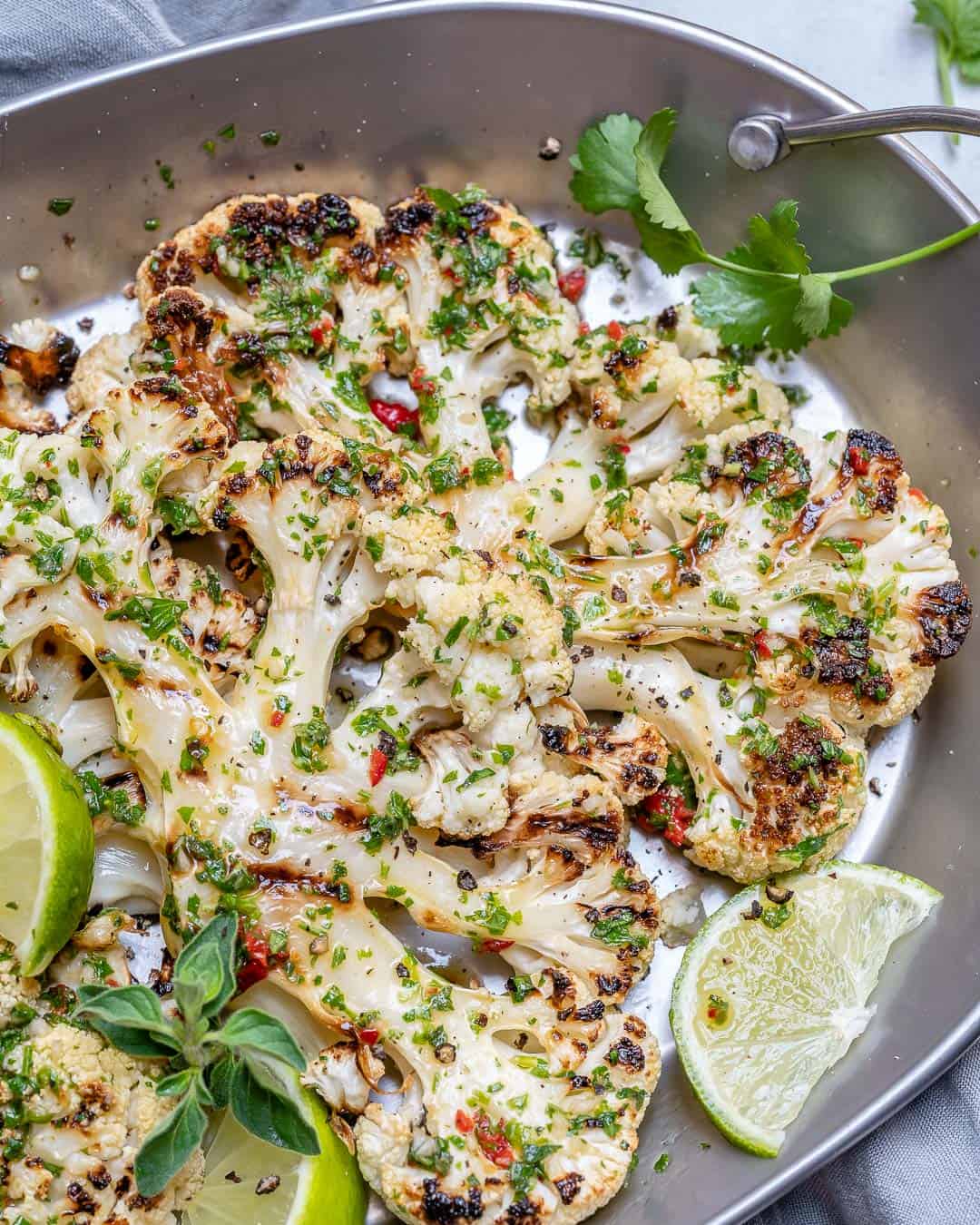 cauliflower steaks in a metal pan