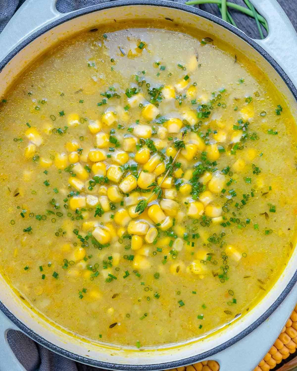 Corn chowder in a pot.