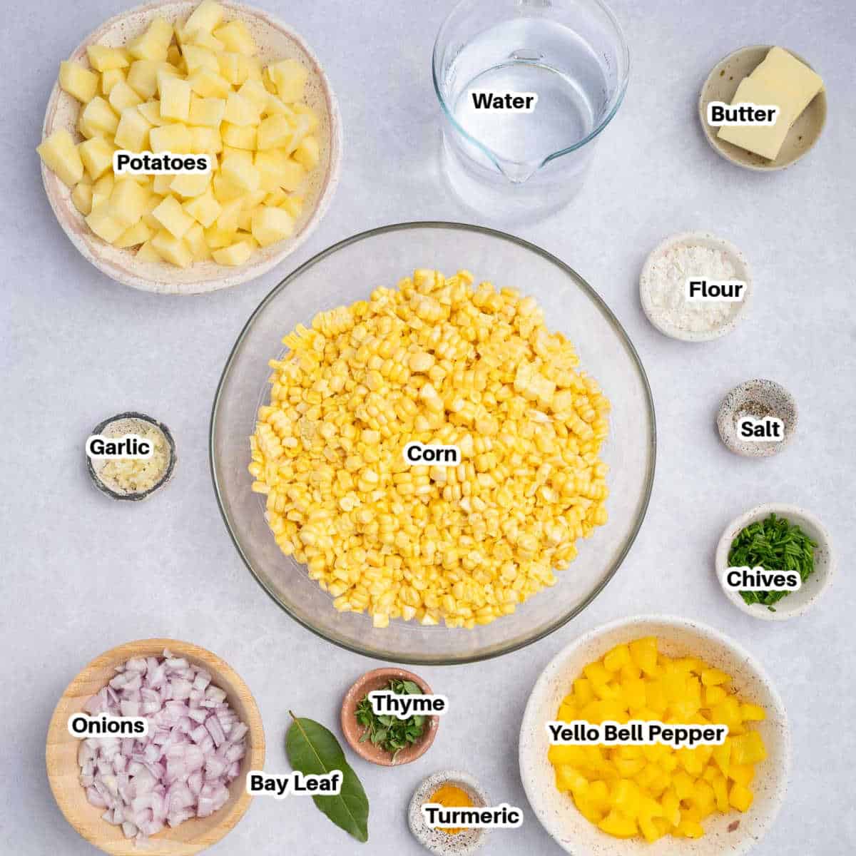 ingredients set up for making corn chowder soup.