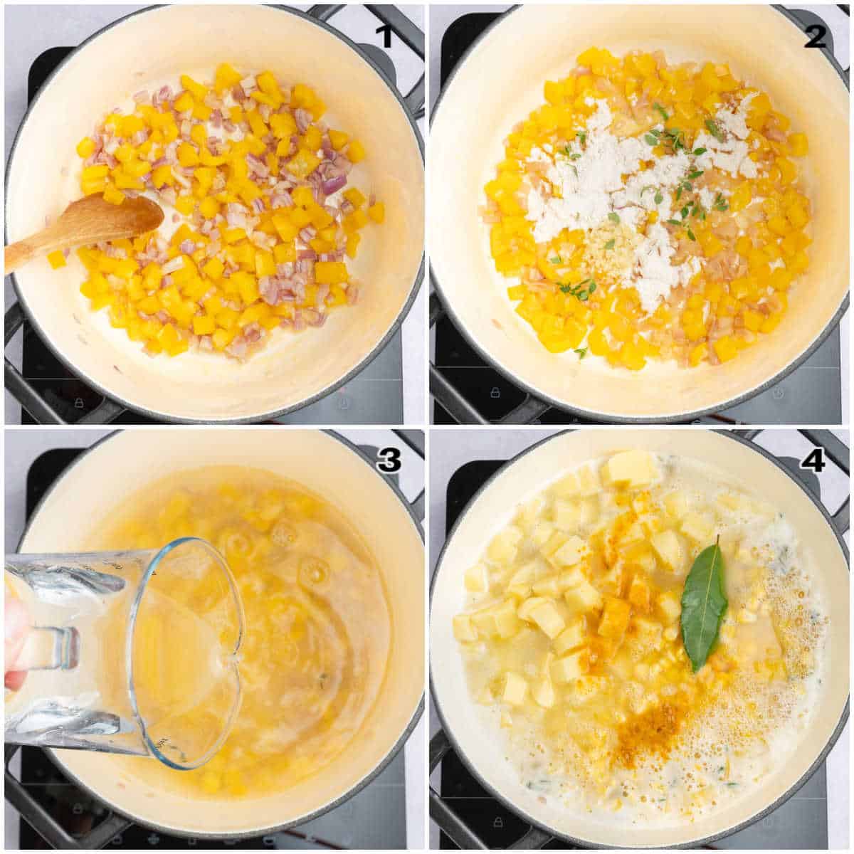 Process shot to sauté the veggies, adding broth, and cooking the soup ingredients in the pot.
