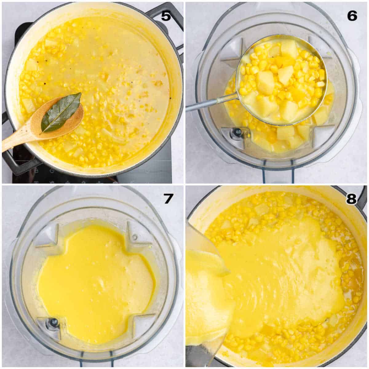 collage for blending part of the soup and adding back into the pot to make a creamy texture for the corn chowder soup.