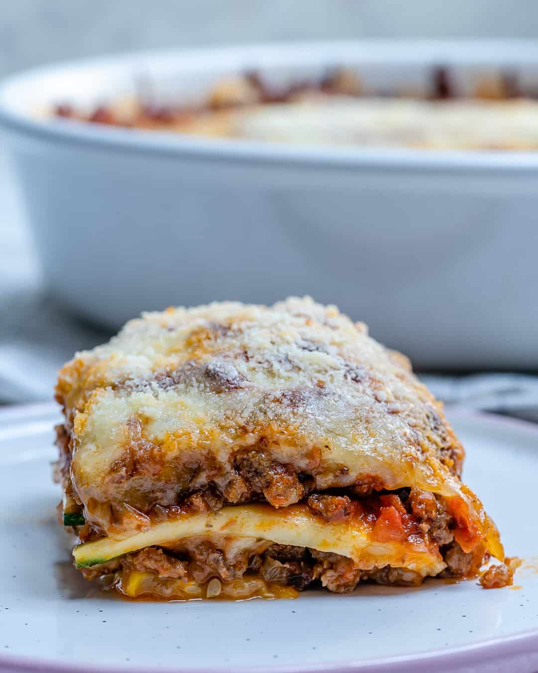 slice of lasagna on a plate 