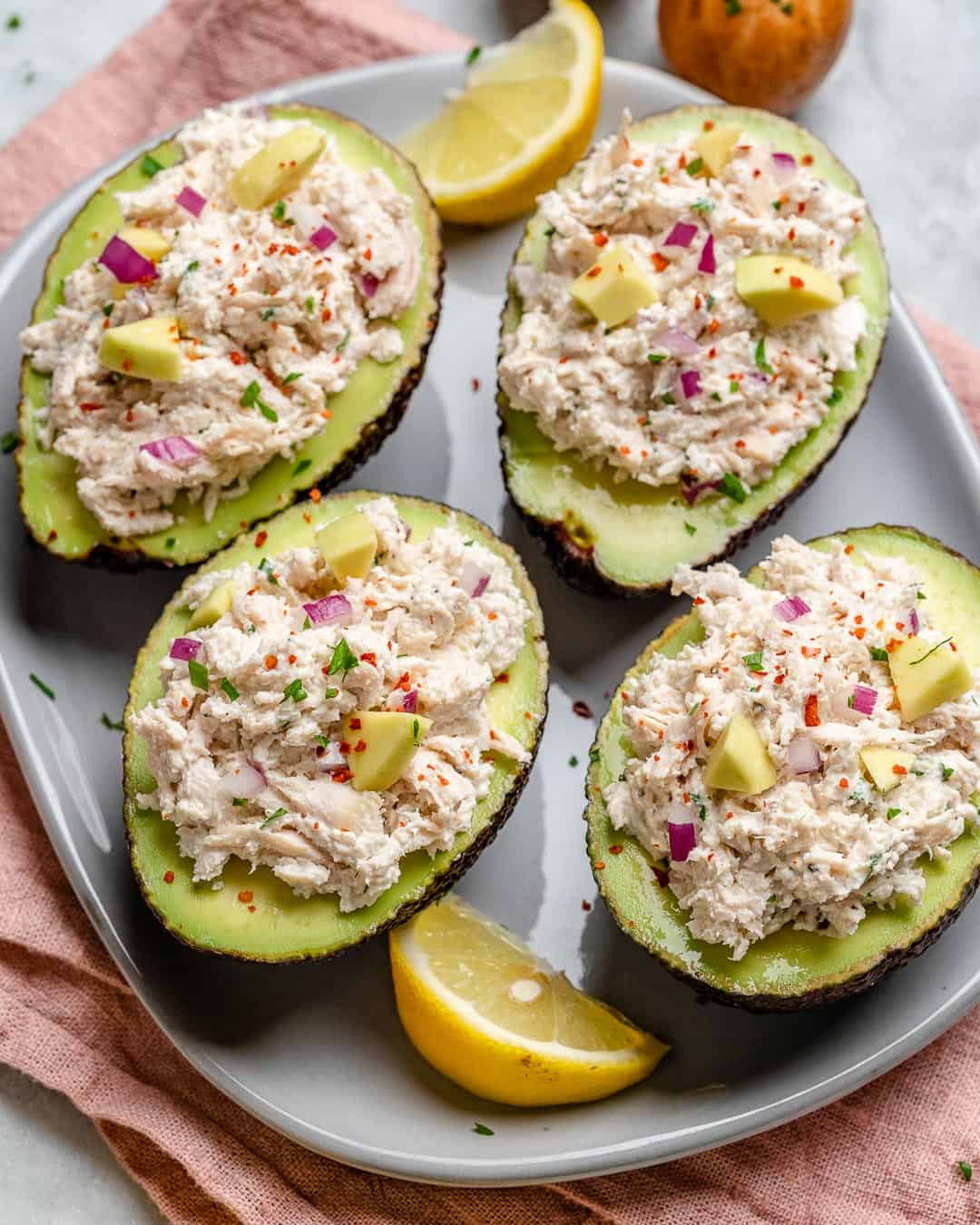 overhead shot of stuffed avocados