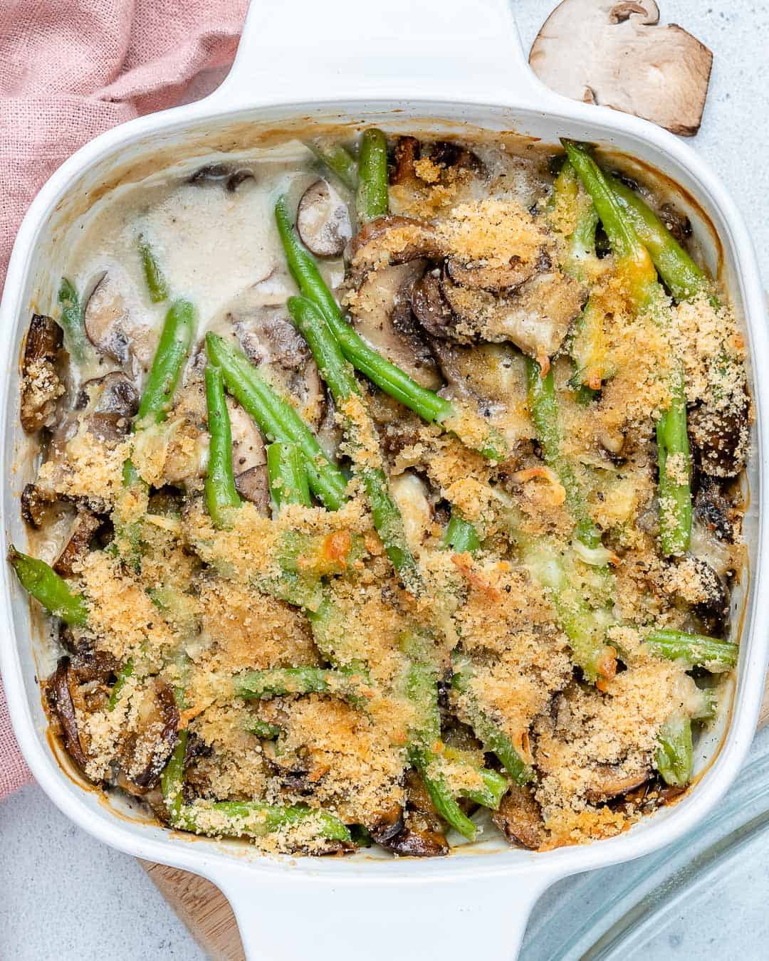 easy green bean casserole in a white dish