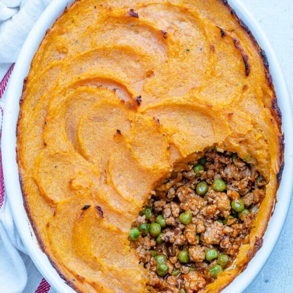 top view of an oval dish with a Healthy sweet potato shepherd's pie