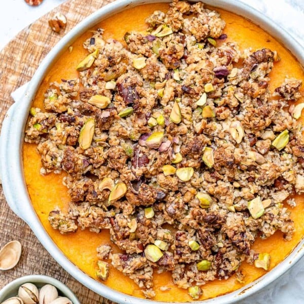 top view of sweet potato casserole in a white dish