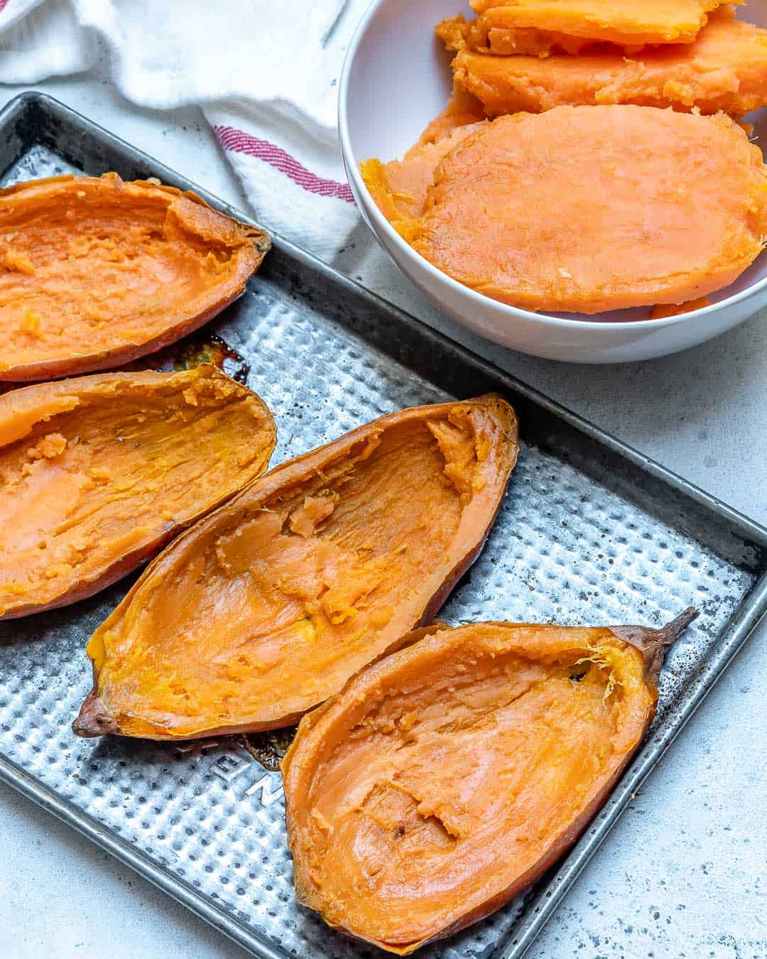 sweet potatoes with their flesh scooped out