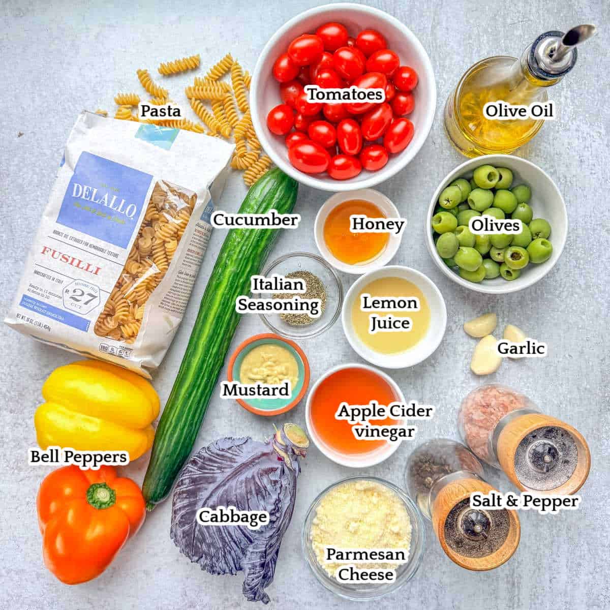 ingredients for vegetarian pasta salad.