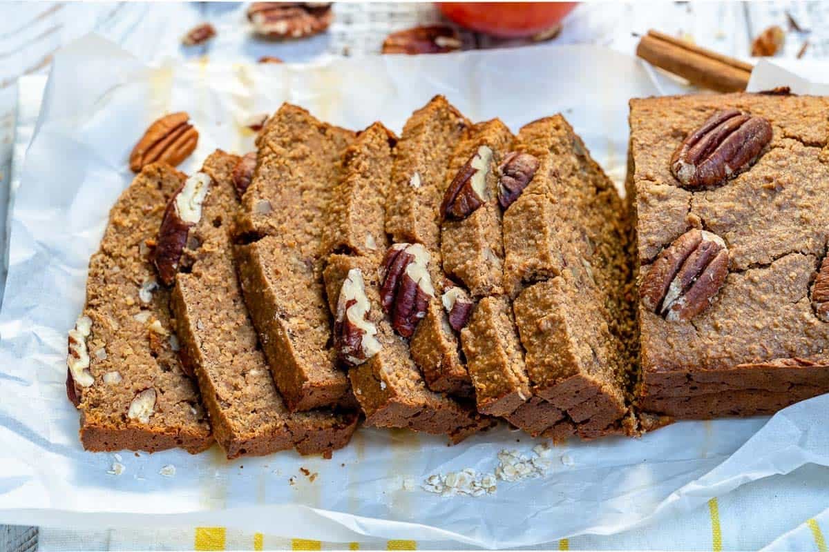 sliced cinnamon apple pecan bread.