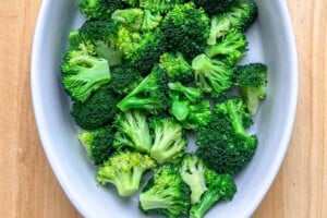 steamed broccoli in a casserole dish.